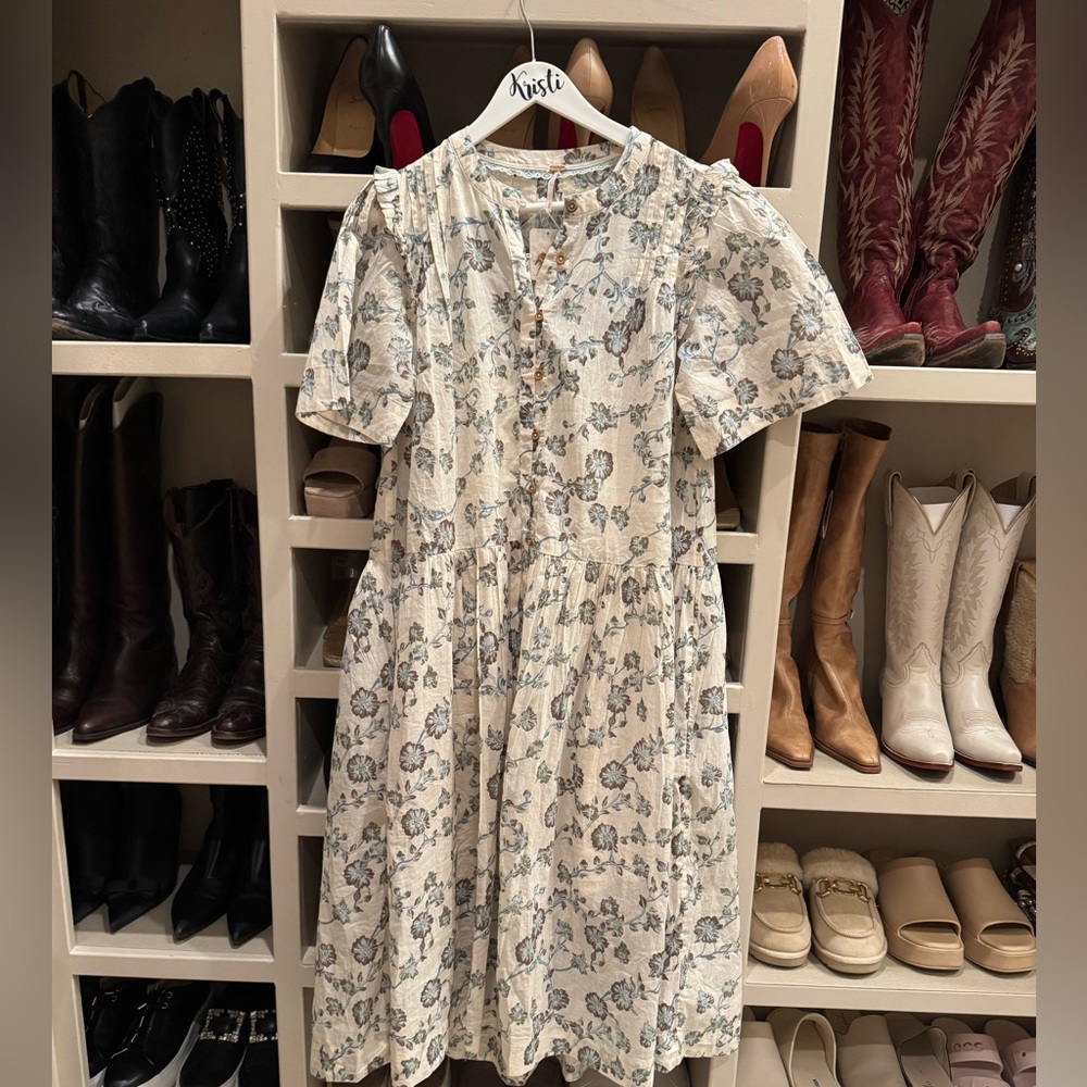 NWT Free People Floral Short-Sleeve Midi Dress - Cream & Sage